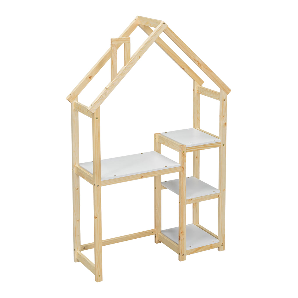 Bureau Enfant Maison Bois Naturel - Table Étude + Bibliothèque + Rangement Jouet