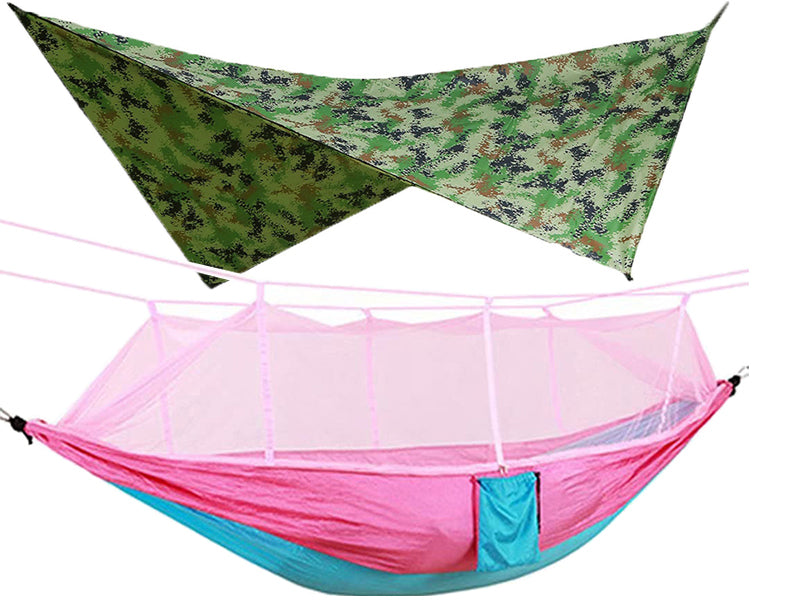 Hamac Double 260x140cm - Moustiquaire + Bâche Pluie - Léger Parachute