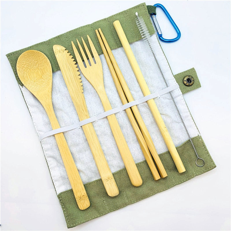 Couverts Bambou Écologique 7 Pièces - Portable - Fourchette Couteau Paille Réuti