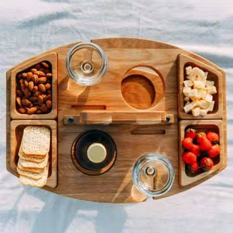 Table Vin Pique-nique Portable Bois - Porte-Verre Détachable + Fruits Multi-Nive