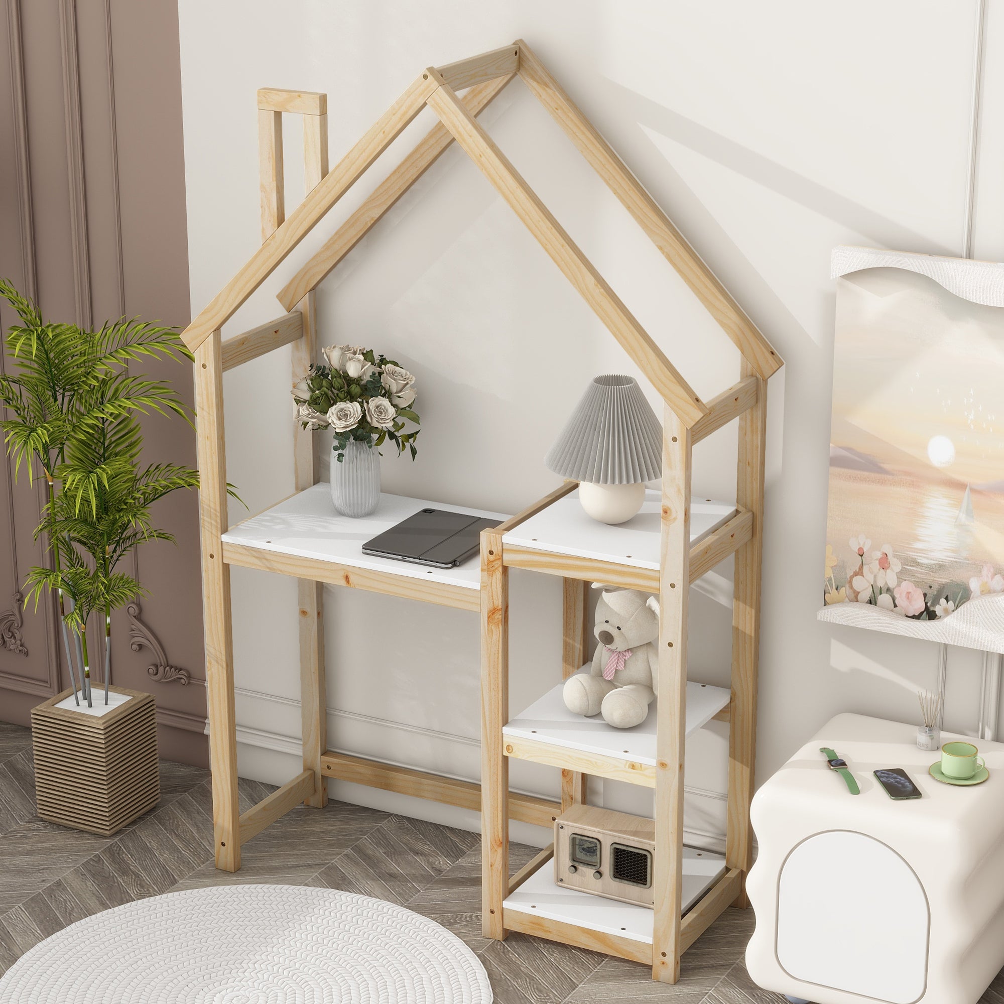Bureau Enfant Maison Bois Naturel - Table Étude + Bibliothèque + Rangement Jouet