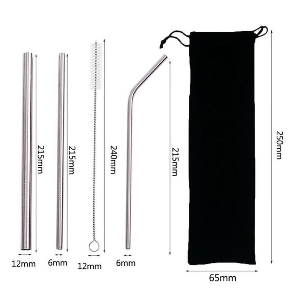 Pailles Inox Réutilisables 4pcs 304 - Acier Métal - Brosse + Sac - Smoothie