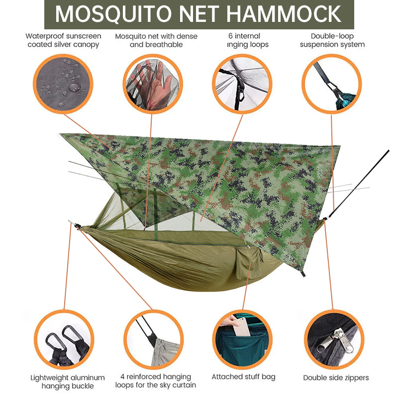 Hamac Double 260x140cm - Moustiquaire + Bâche Pluie - Léger Parachute