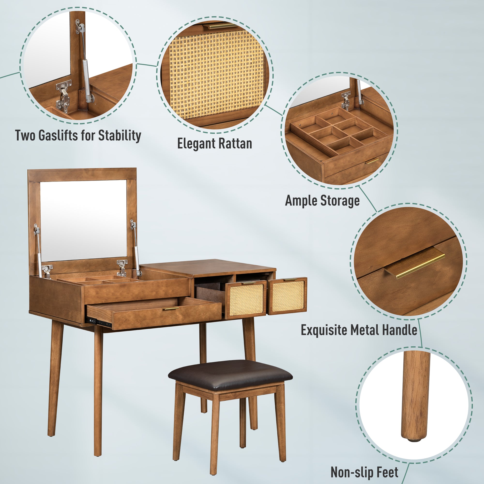 Coiffeuse Bois 43.3 Pouces Miroir Rabattable + Tabouret - 3 Tiroirs - Brune - Ra