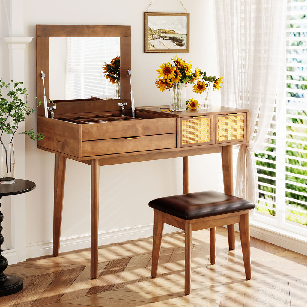 Coiffeuse Bois 43.3 Pouces Miroir Rabattable + Tabouret - 3 Tiroirs - Brune - Ra