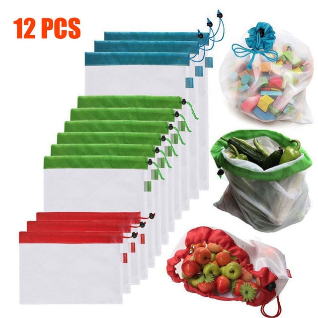 Sacs Filet Réutilisables 12 Pièces - Lavables Écologiques - Courses Fruits Légumes