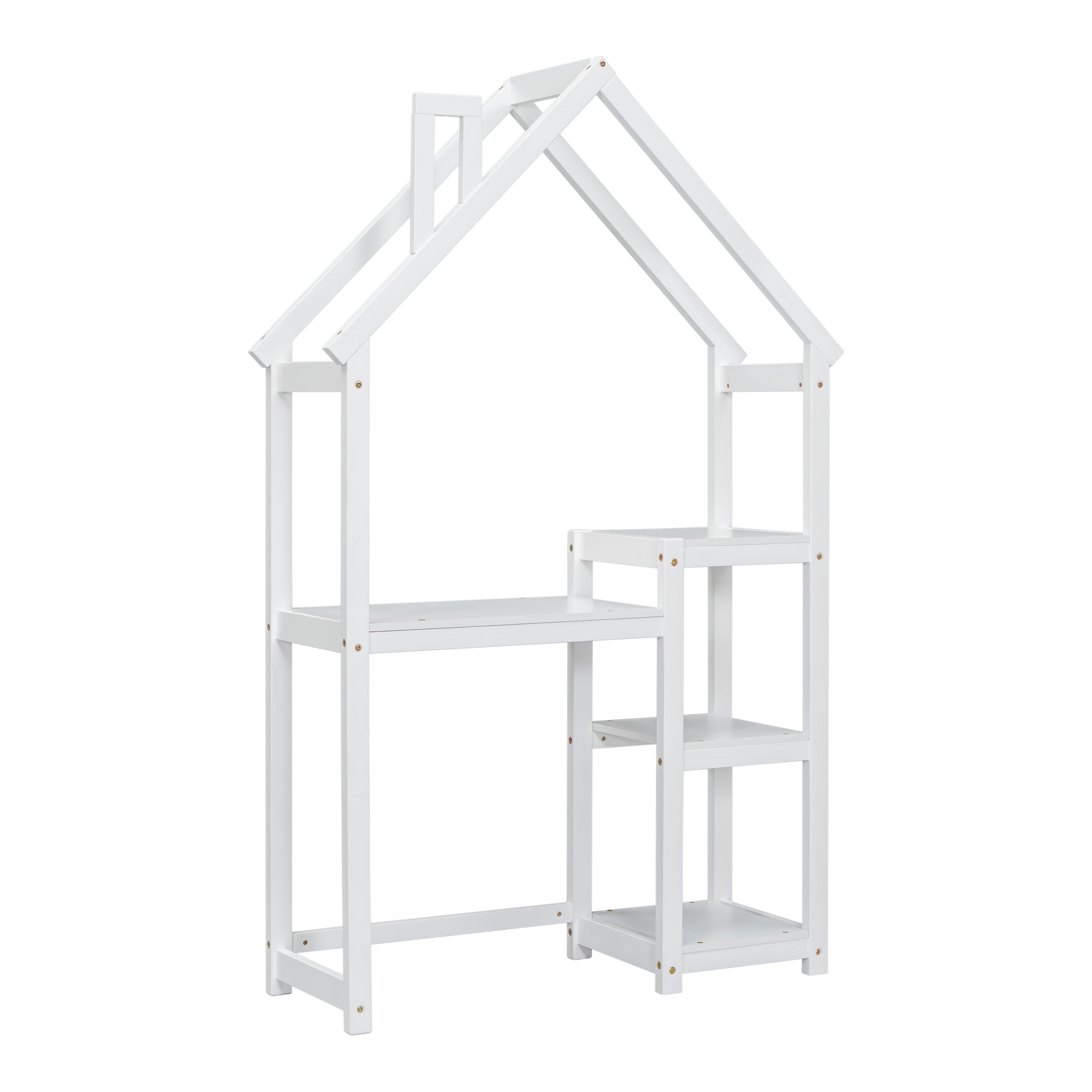 Bureau Enfant Maison Bois Blanc - Table Étude + Bibliothèque + Rangement Jouets