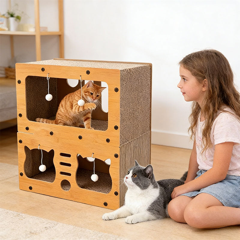 Maison Chat 3-en-1 - Lit Griffoir - Carton Écologique Multi-Couches