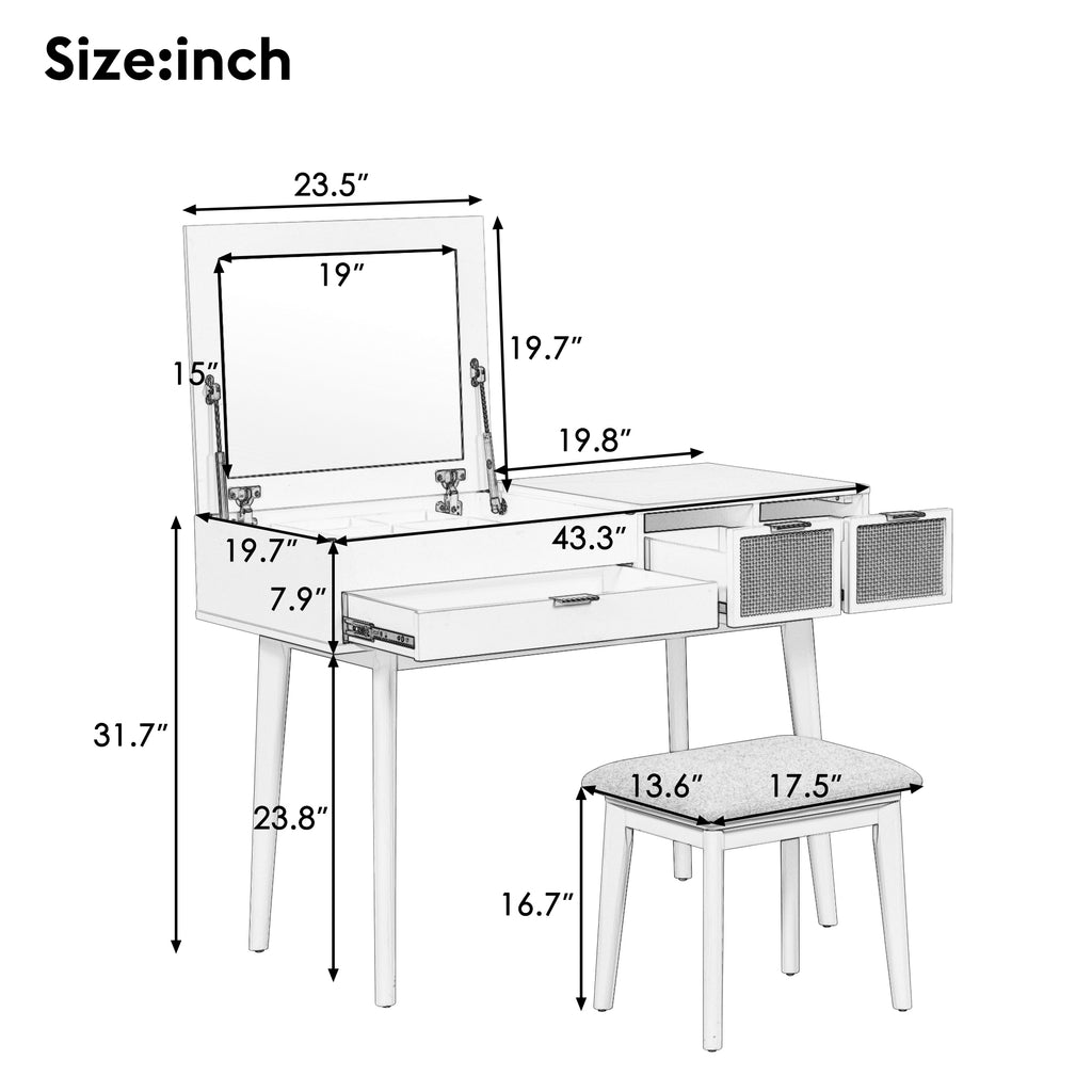 Coiffeuse Bois 43.3 Pouces Miroir Rabattable + Tabouret - 3 Tiroirs - Brune - Ra