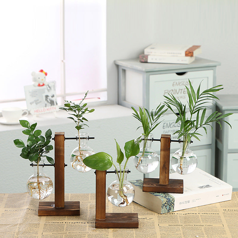 Vase Bouteille Verre Cadre Bois Transparent - Déco Bureau - Simple