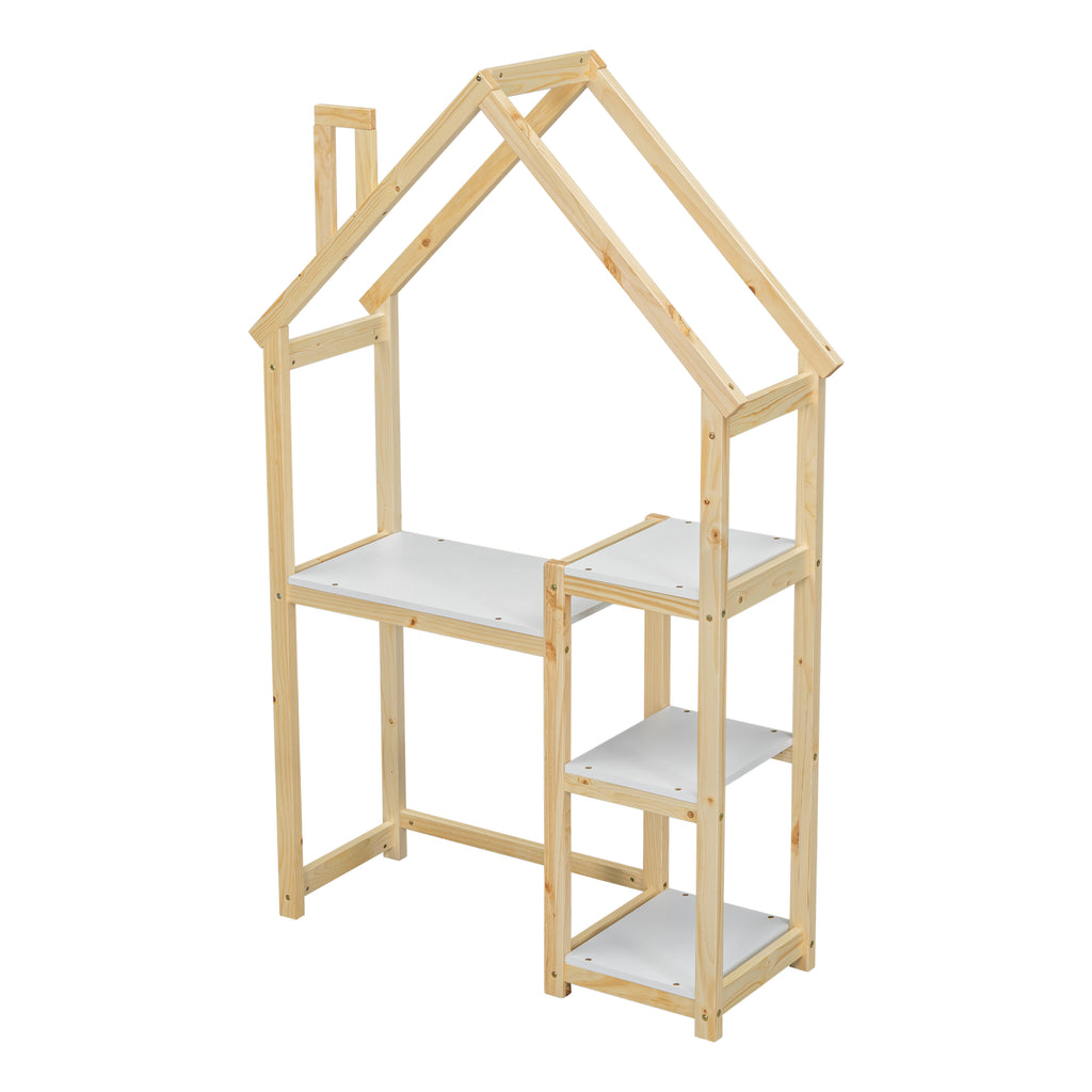 Bureau Enfant Maison Bois Naturel - Table Étude + Bibliothèque + Rangement Jouet