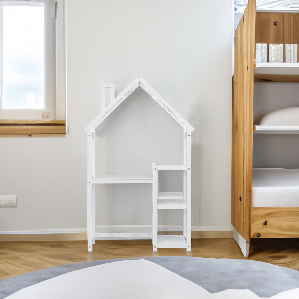 Bureau Enfant Maison Bois Blanc - Table Étude + Bibliothèque + Rangement Jouets