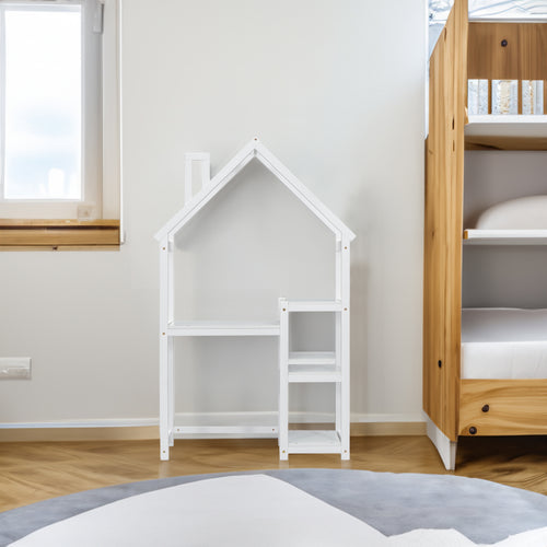 Bureau Enfant Maison Bois Blanc - Table Étude + Bibliothèque + Rangement Jouets