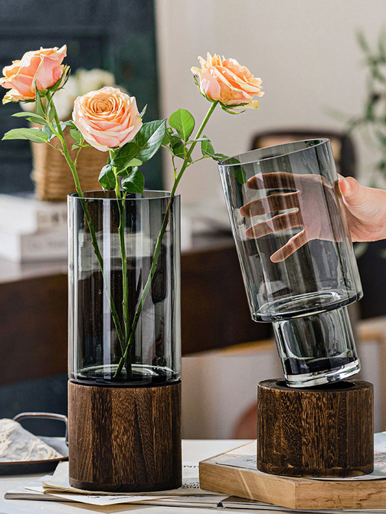 Vase Verre Scandinave Luxe - Support Bois - Fleurs Aquatiques - Déco Table Salle