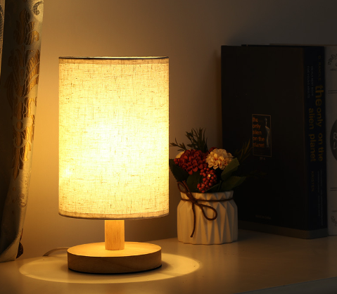 Lampe Table Lin LED - Blanc Chaud - Chevet USB - Abat-jour Lin Bois