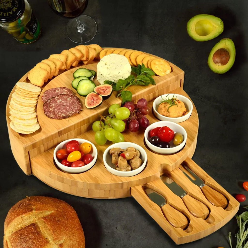 Plateau à Fromage Pliable en Bambou avec 4 Couteaux Intégrés - Apéro